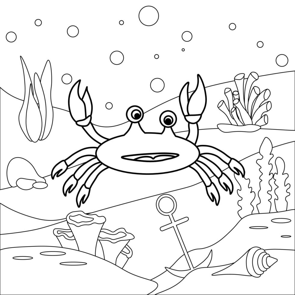 Children's coloring book with the image of a crab and the aquatic world vector