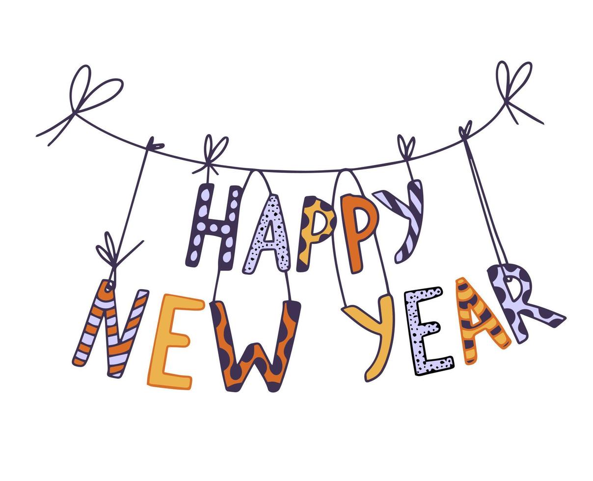 Happy New Year doodle style inscription. vector