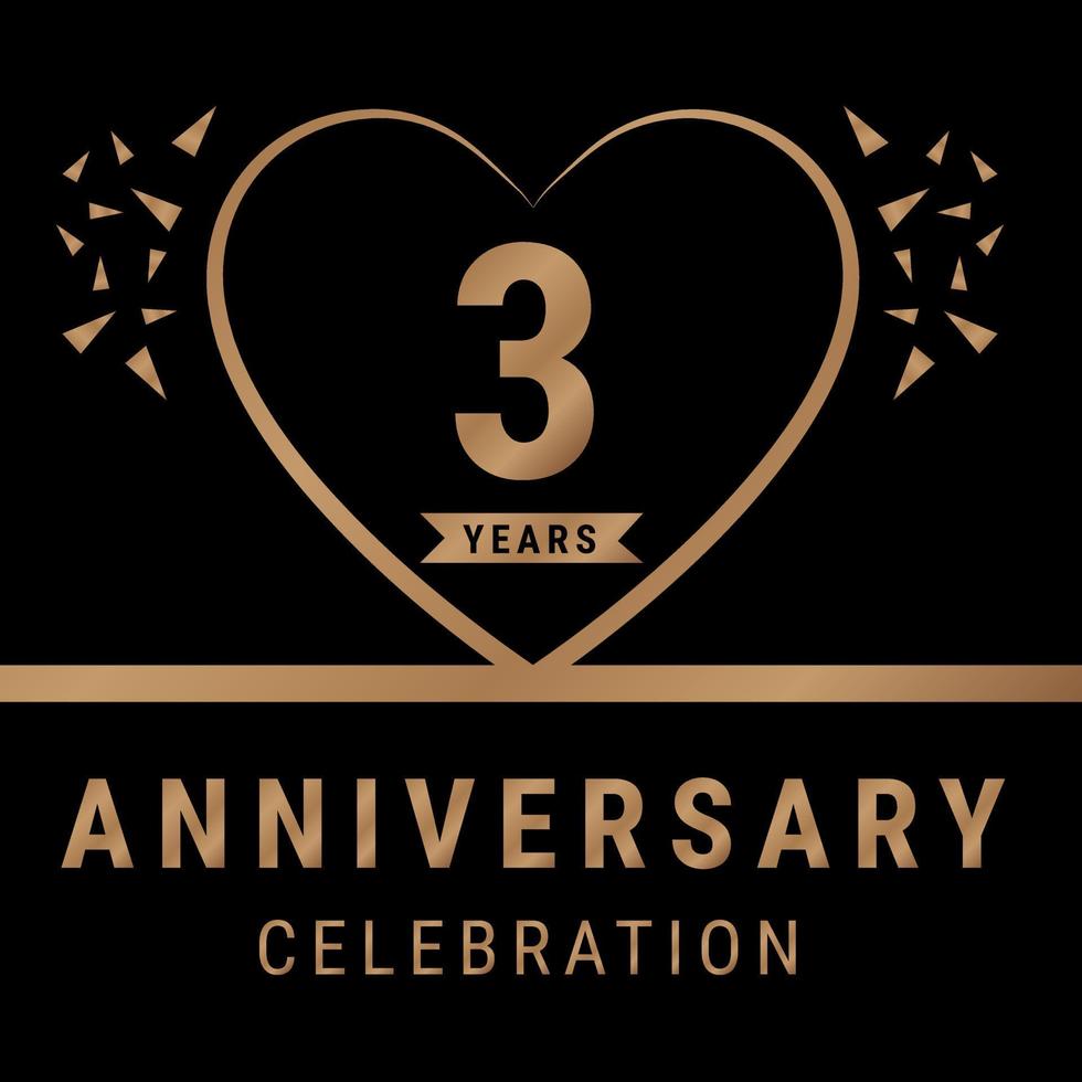 Logotipo de celebración de aniversario de 3 años. logotipo de aniversario con color dorado aislado en fondo negro, diseño vectorial para celebración, tarjeta de invitación y tarjeta de felicitación. ilustración vectorial eps10 vector
