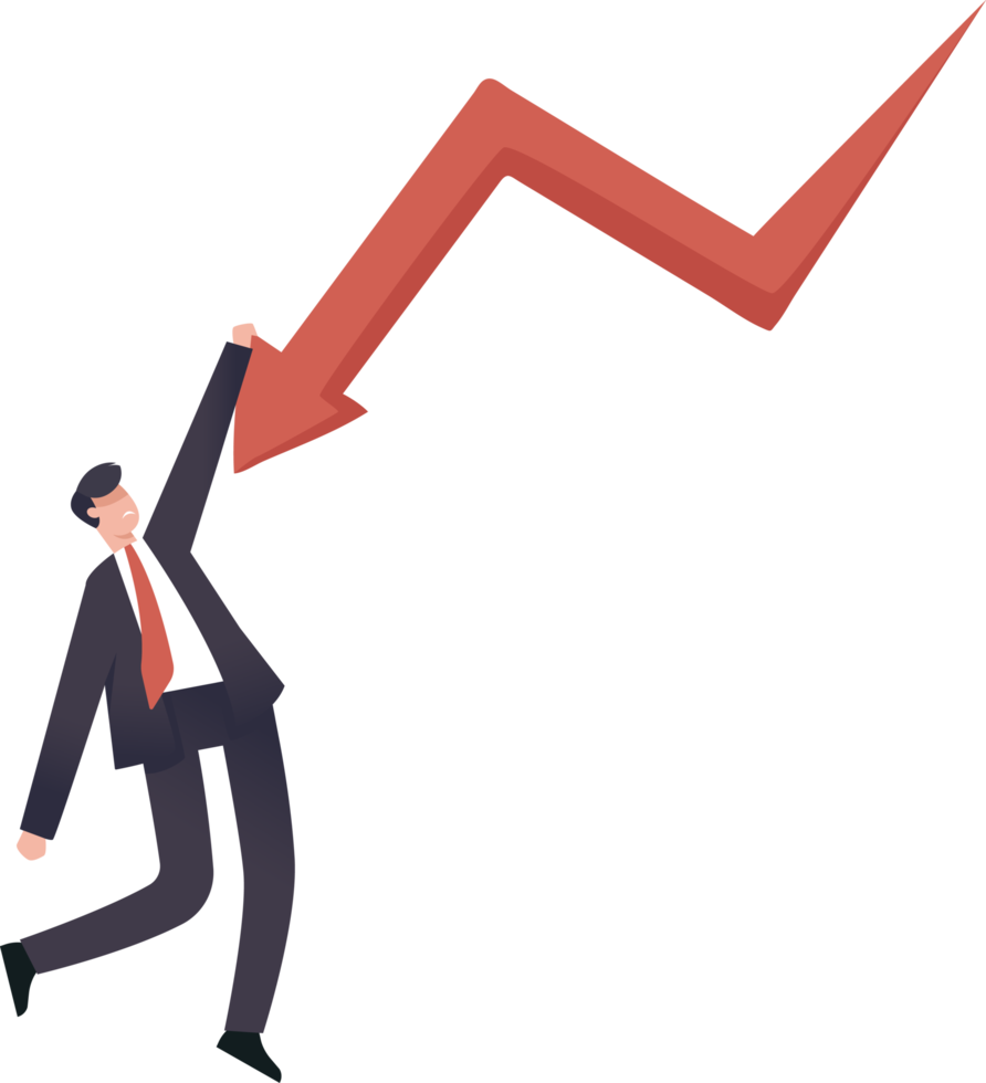 Businessman stuck on danger on arrow graph holding with one hand feeling insecure. financial investment volatility uncertainty or changes in business and the stock market due to risks. png