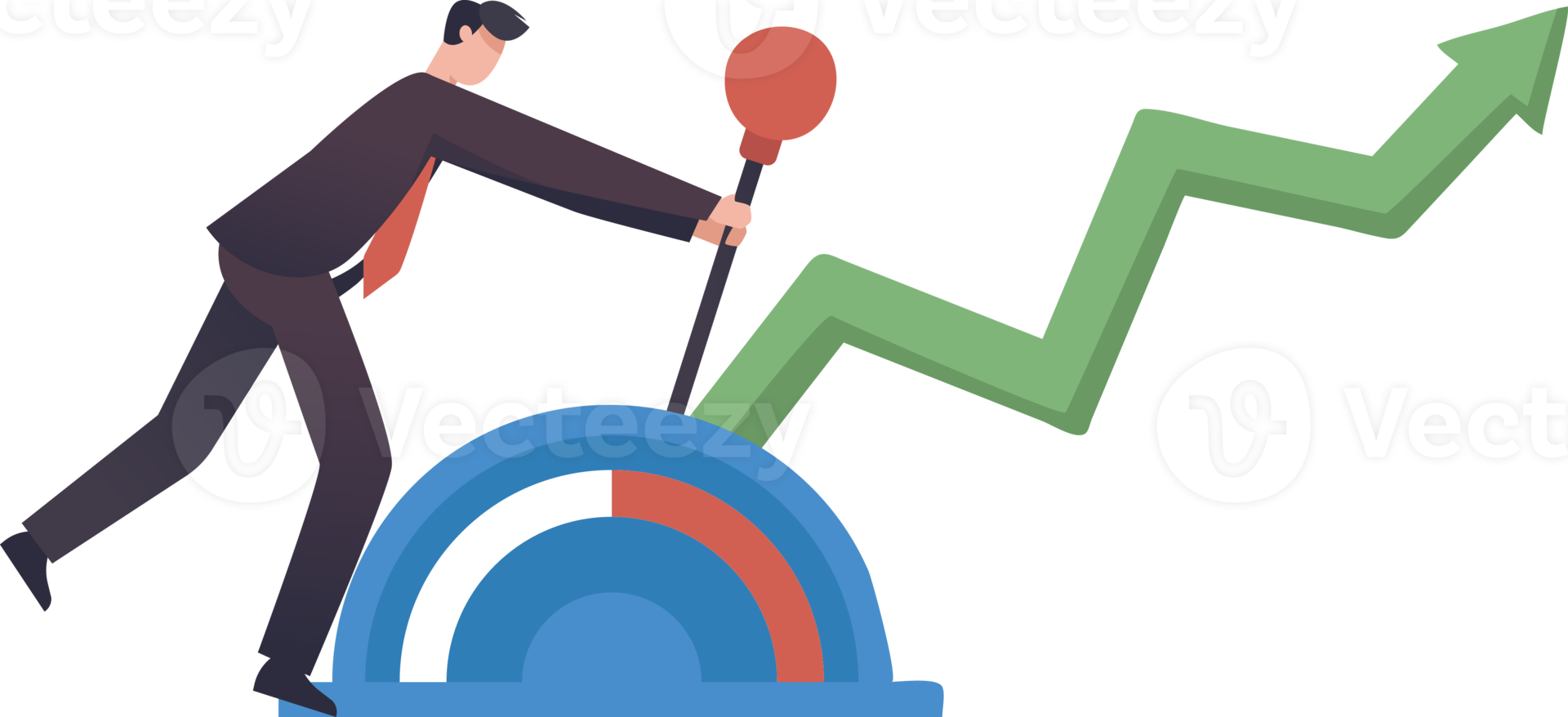 Control the stock market and investment portfolios. Changing the direction of business towards success goals. Businessman with large lever to control arrow chart. illustration png