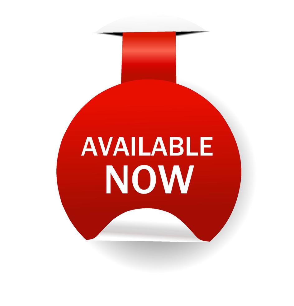 Available now label, badge, seal, banner, sign template. Modern vector illustration on white background.
