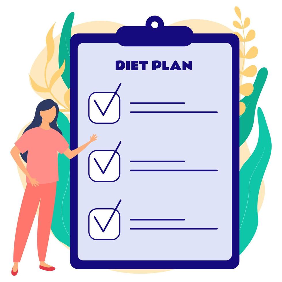 Nutritionist concept. Diet plan for weight loss. Recommendations for healthy food and sport for diet therapy program. Flat vector illustration