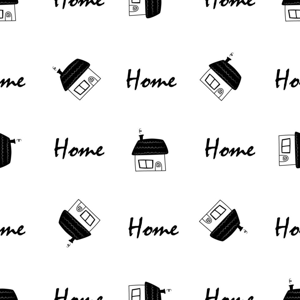 Cute Hand drawn pattern with doodle fairy tale house with window and text home for fabric, prints, kids. Vector illustration.