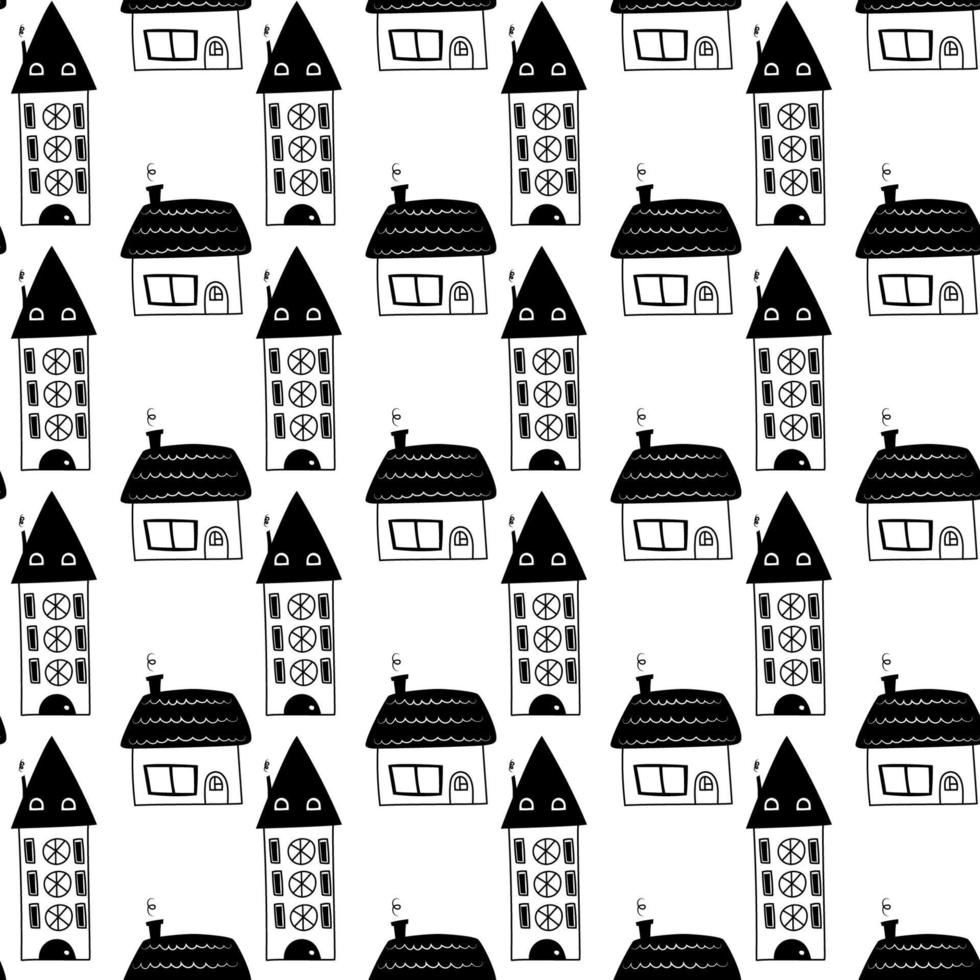 Set of Cute Hand drawn kids pattern with doodle houses black and white with rounded window for fabric, prints. Vector illustration.
