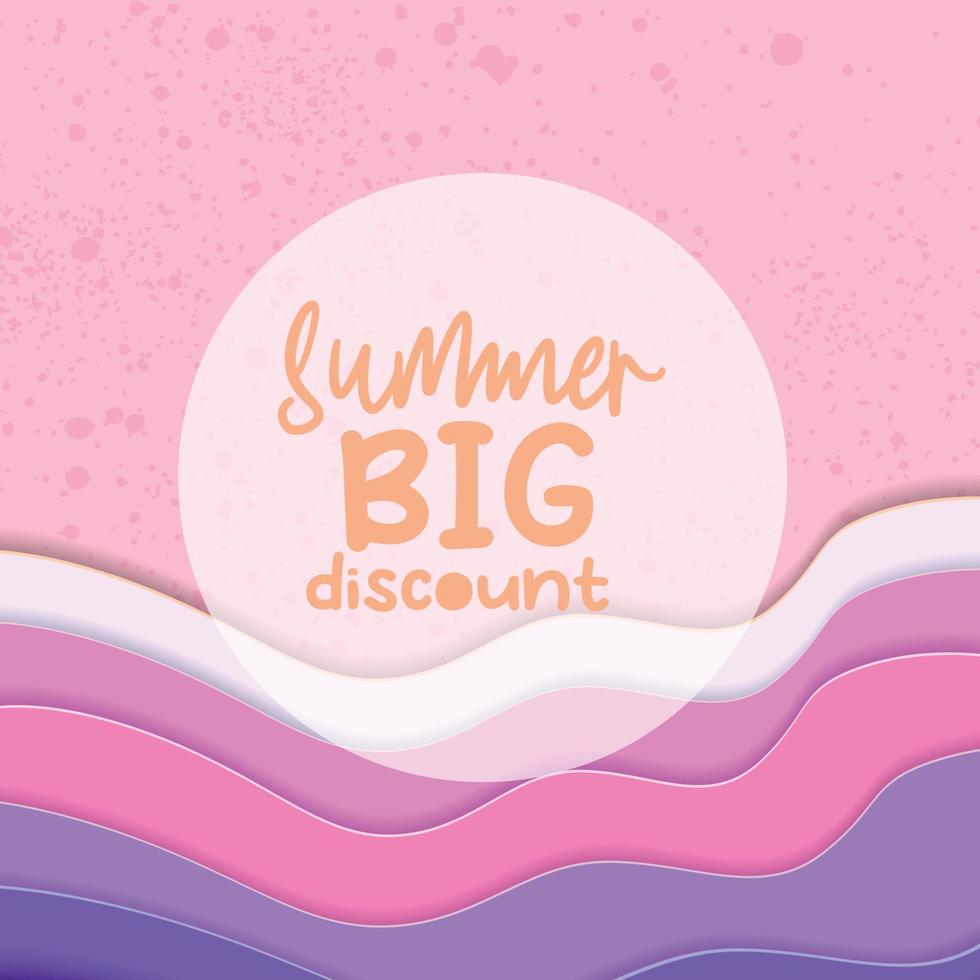 Summer sale banner with paper cut frame on pink sand and beach summer background with curve paper waves and seacoast for banner, flyer, poster or web site design. Paper cut style, vector illustration