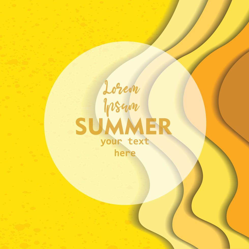 Summer sale banner with paper cut frame on yellow sea and beach summer background with curve paper waves and seacoast for banner, flyer, poster or web site design. Paper cut style, vector illustration