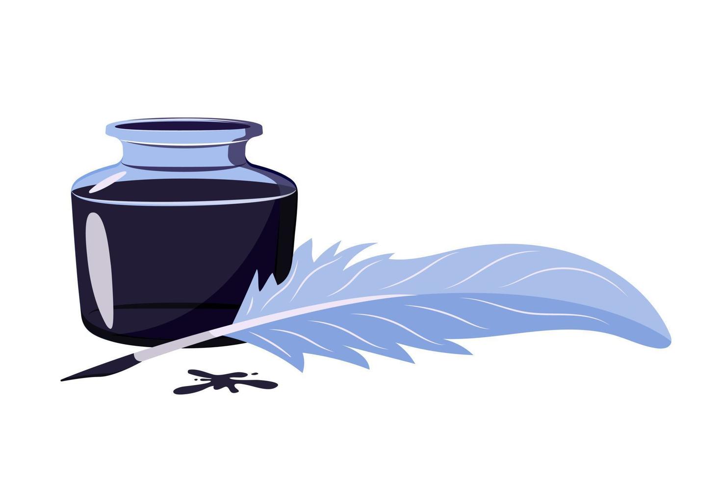 pluma con tinta azul. símbolo de la poesía tintero sobre fondo blanco. ilustración vintage de instrumentos de escritura antiguos vector