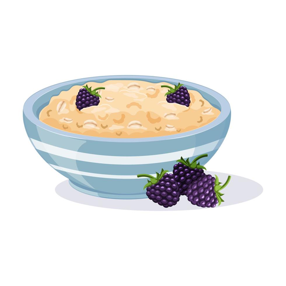 Oatmeal in blue bowl with blackberries. Vector illustration of an English breakfast cereal