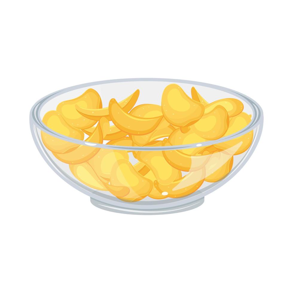 Potato chips in transparent glass bowl. Salty snack for beer. Plate of crispy snacks vector