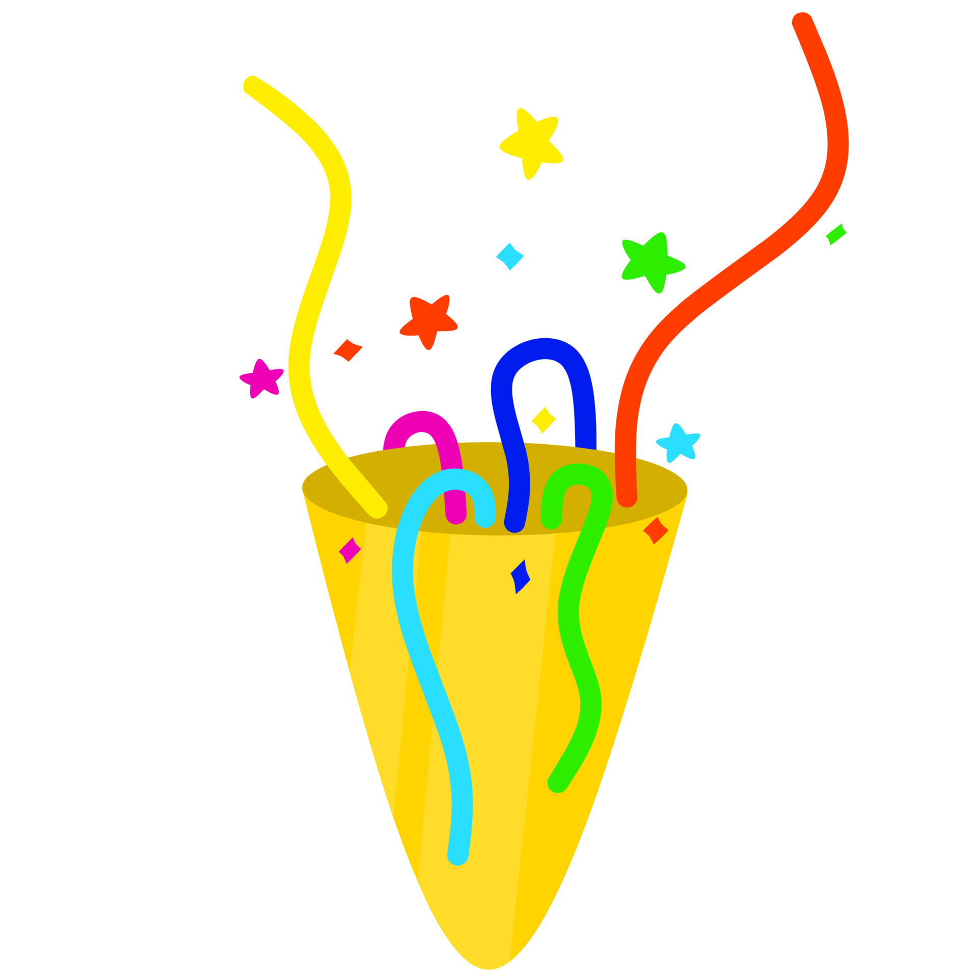 Exploding confetti popper with colorful ribbons on white
