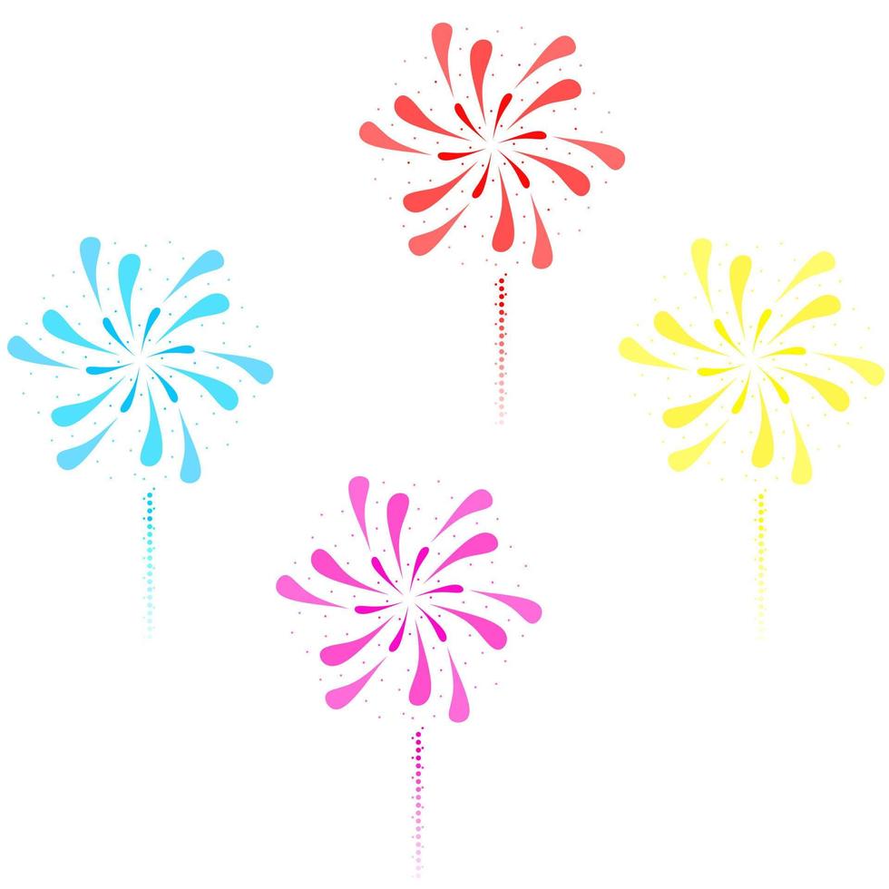 ilustración vectorial de coloridos fuegos artificiales sobre un fondo blanco. celebración de petardos explotados en el cielo. ideal para navidad, año nuevo, vacaciones y celebraciones de fiestas. vector