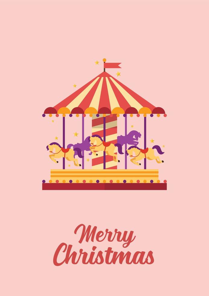 Merry Christmas greeting card Colorful carousel with horses vector