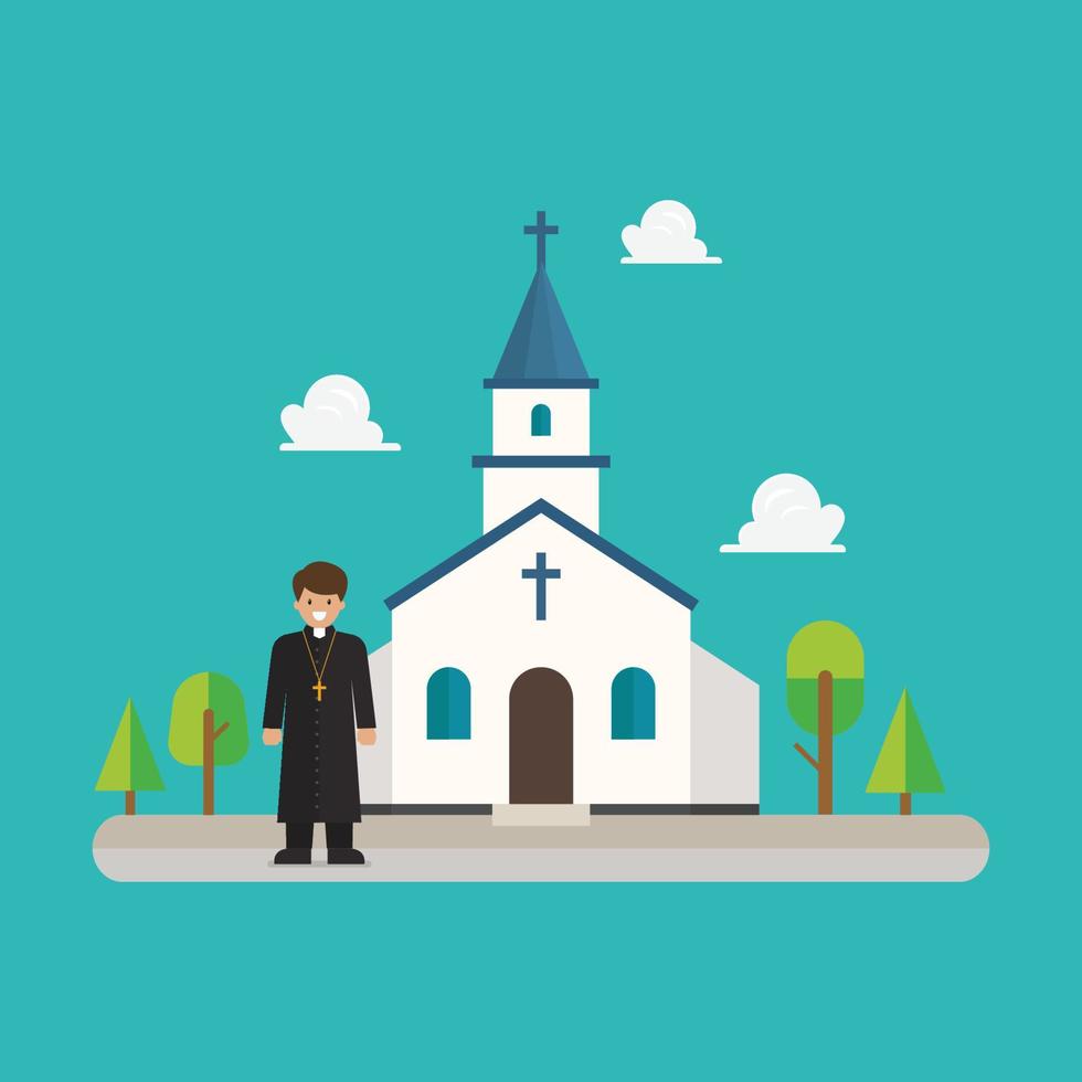 sacerdote parado frente a la iglesia en un diseño de estilo plano vector