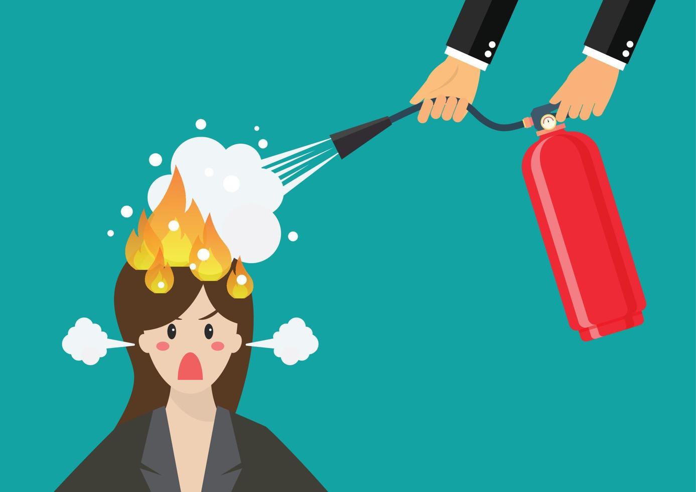 Angry business woman with head on fire gets help from man with extinguisher vector