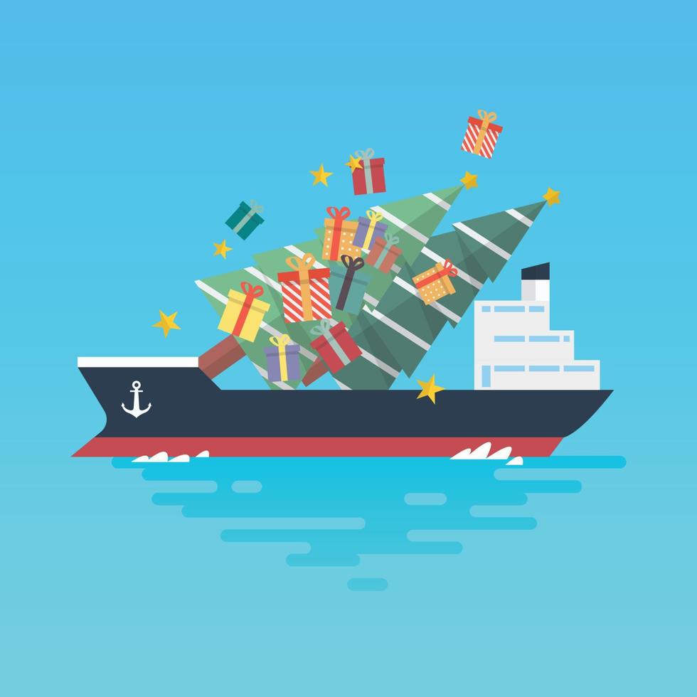 Container cargo ship with christmas tree and gift boxes vector