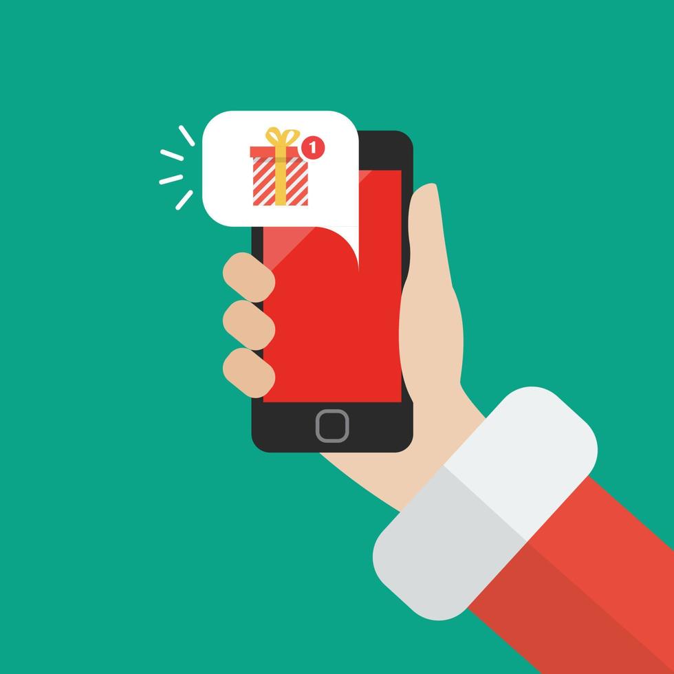 Santa Claus holding smartphone with gift box notification vector