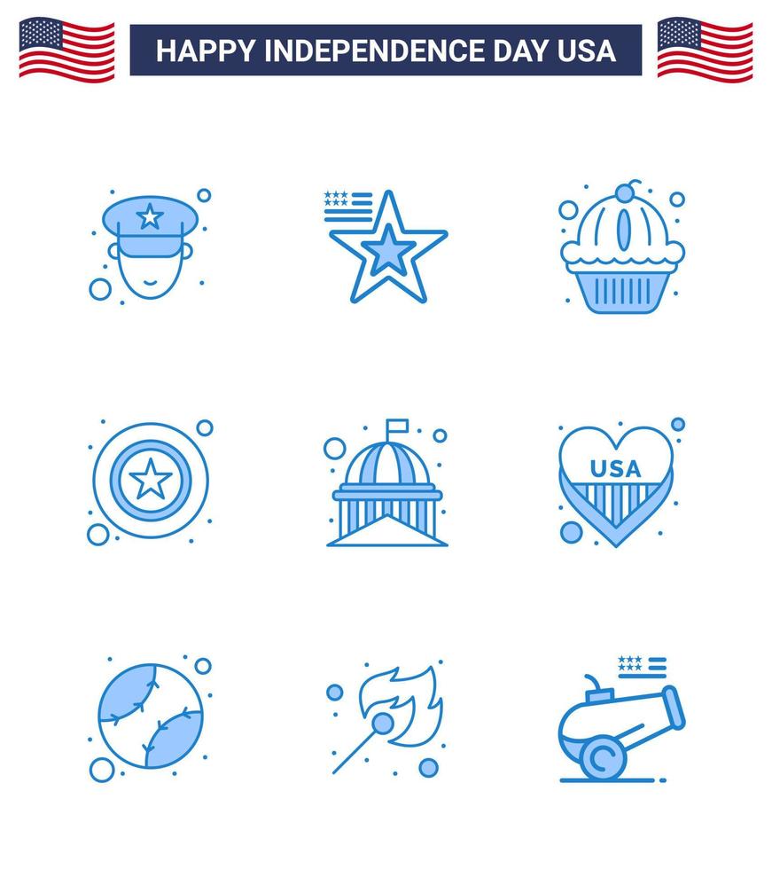 Happy Independence Day USA Pack of 9 Creative Blues of landmark building muffin sign police Editable USA Day Vector Design Elements