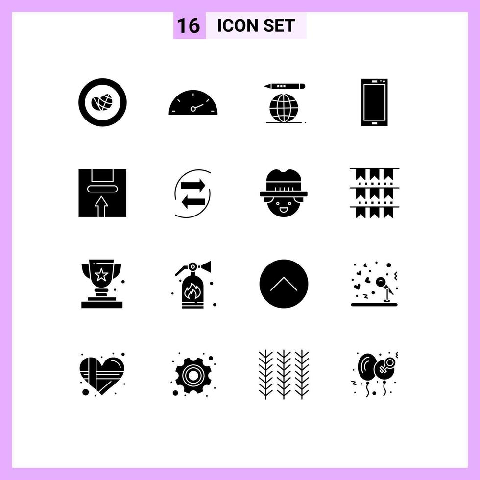 Group of 16 Modern Solid Glyphs Set for handle box education globe iphone mobile Editable Vector Design Elements