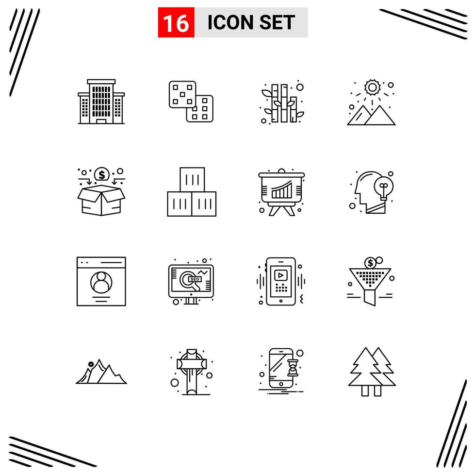 Set of 16 Commercial Outlines pack for box network plant fundraising mountain Editable Vector Design Elements