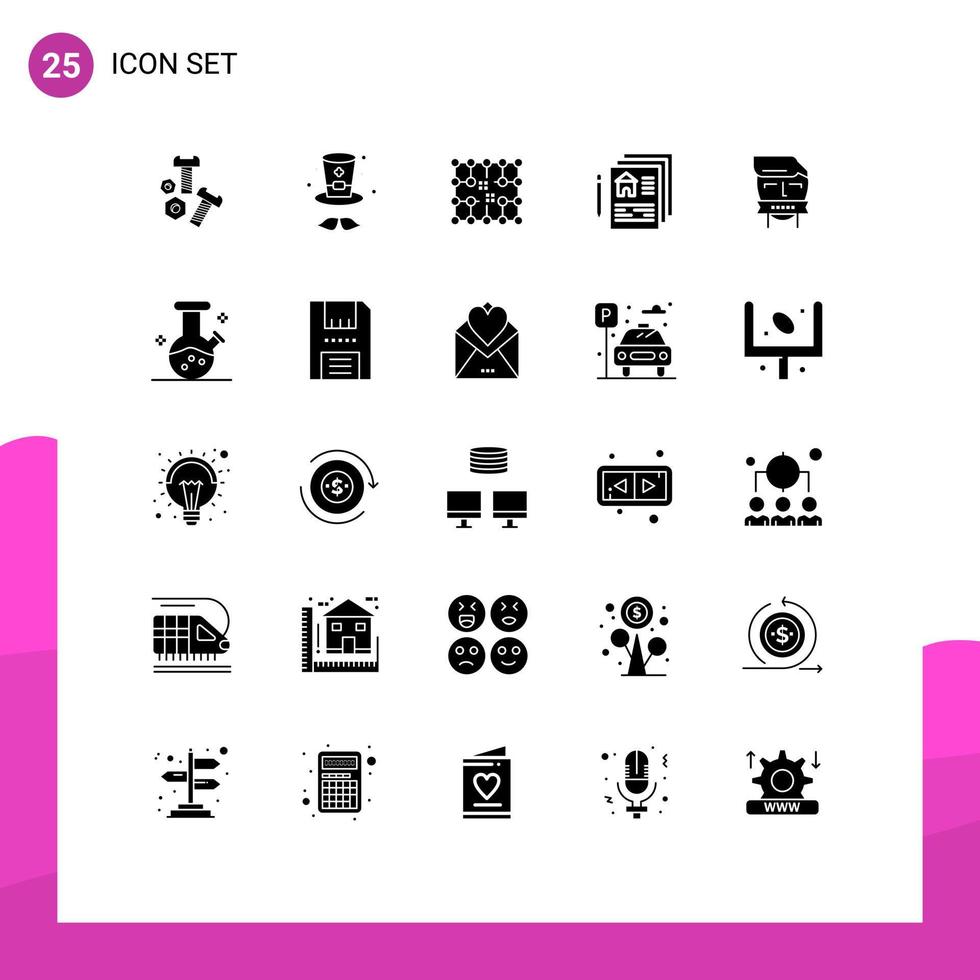 Modern Set of 25 Solid Glyphs and symbols such as mouth pen connection home blueprint Editable Vector Design Elements