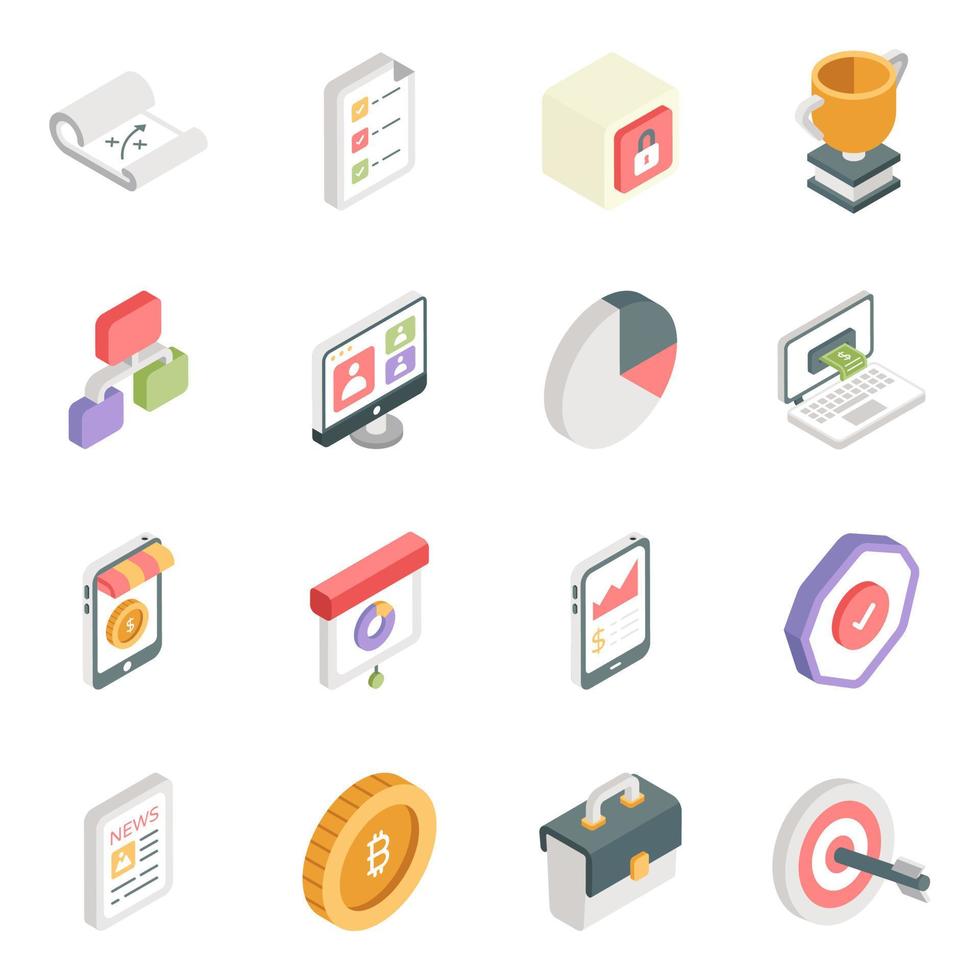 paquete de iconos isométricos de negocios y documentos vector