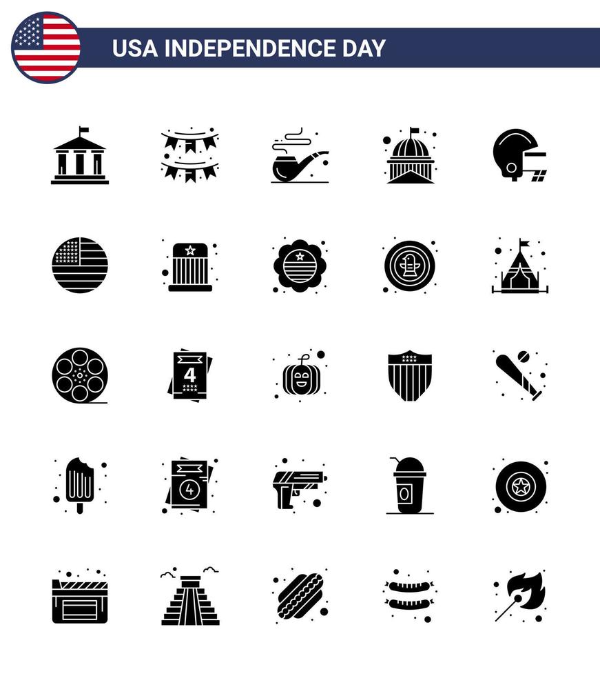 feliz día de la independencia 4 de julio conjunto de 25 pictogramas americanos de glifo sólido de american usa garland edificio emblemático elementos de diseño vectorial del día de estados unidos editables vector