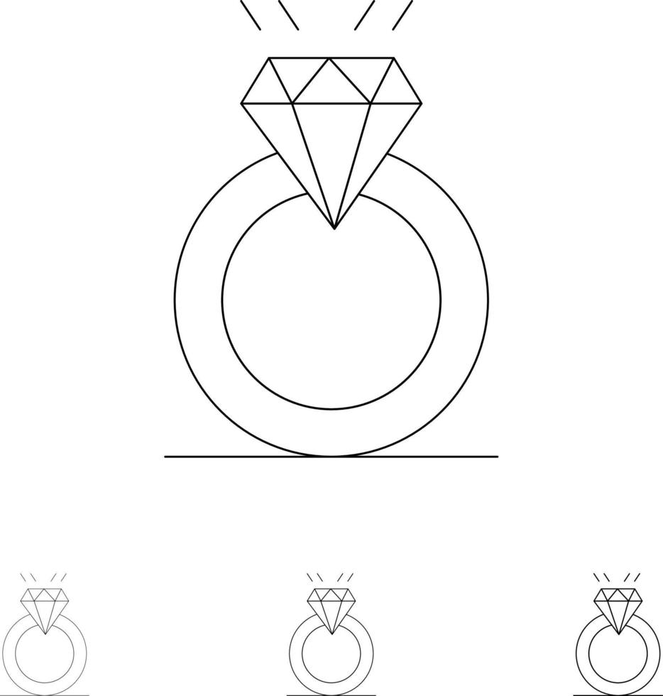 Ring Diamond Proposal Marriage Love Bold and thin black line icon set vector