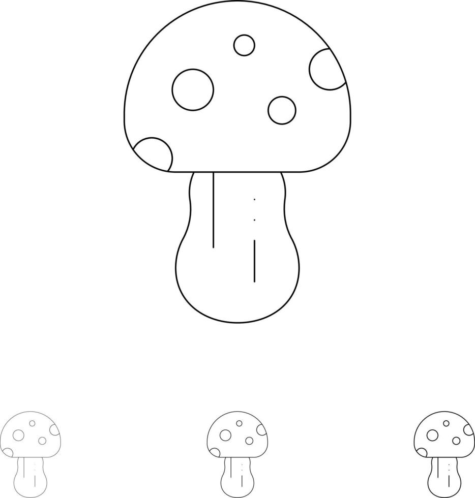 Mushroom Nature Poison Spring Bold and thin black line icon set vector