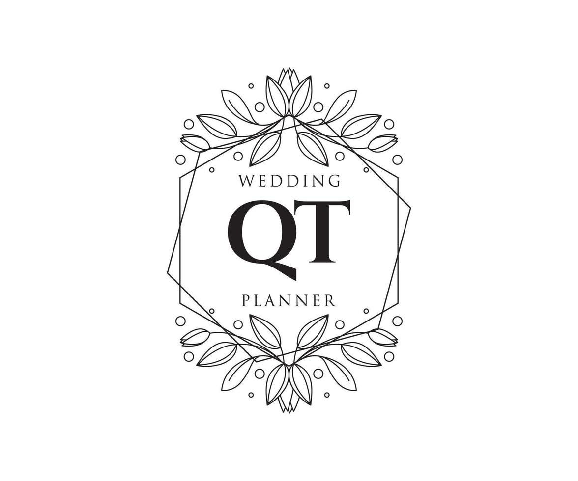 QT Initials letter Wedding monogram logos collection, hand drawn modern minimalistic and floral templates for Invitation cards, Save the Date, elegant identity for restaurant, boutique, cafe in vector