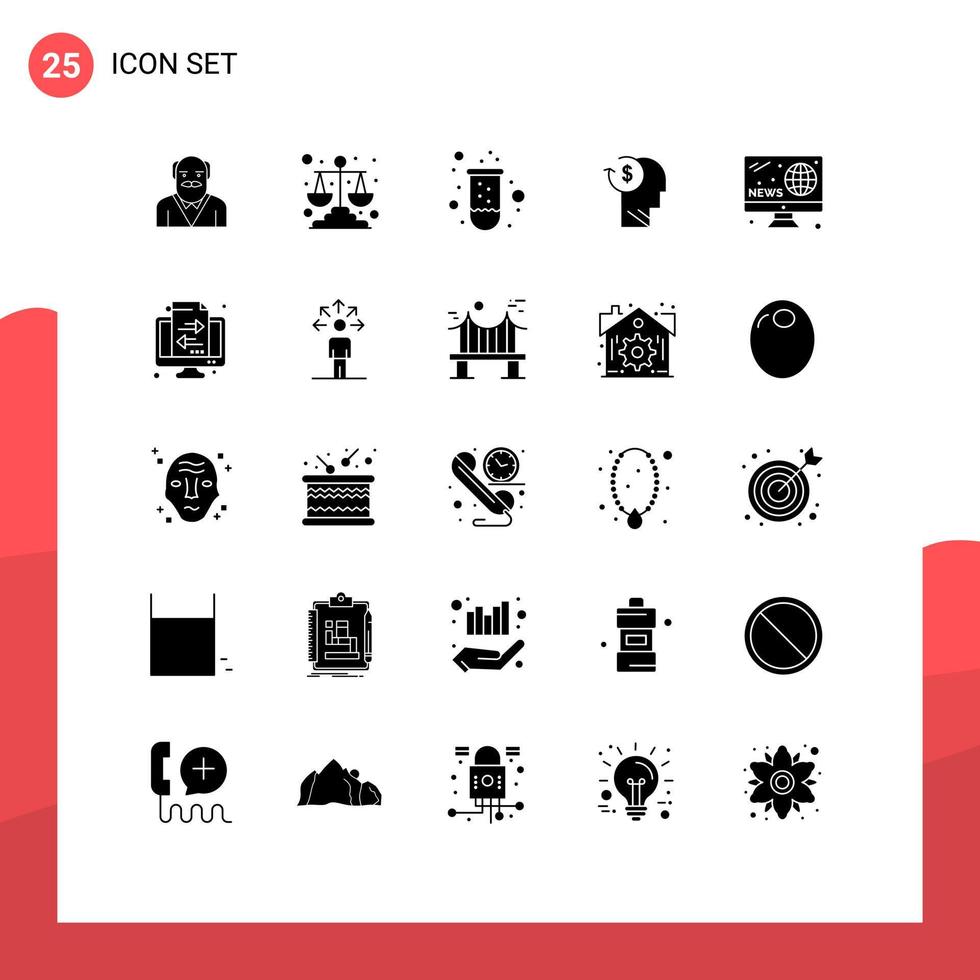 25 signos de glifos sólidos universales símbolos de los costos de los experimentos de los empleados de negocios cuenta elementos de diseño de vectores editables
