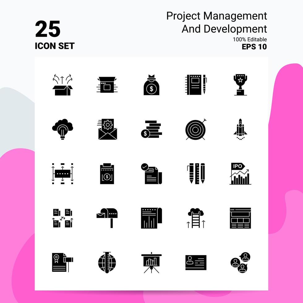 25 Project Management and Development Icon Set 100 Editable EPS 10 Files Business Logo Concept Ideas Solid Glyph icon design vector