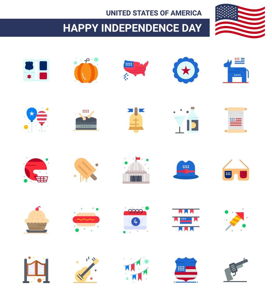 conjunto de 25 iconos del día de los ee.uu. símbolos americanos signos del día de la independencia para el mapa político del burro bebida de los ee.uu. elementos de diseño vectorial editables del día de los ee.uu. vector