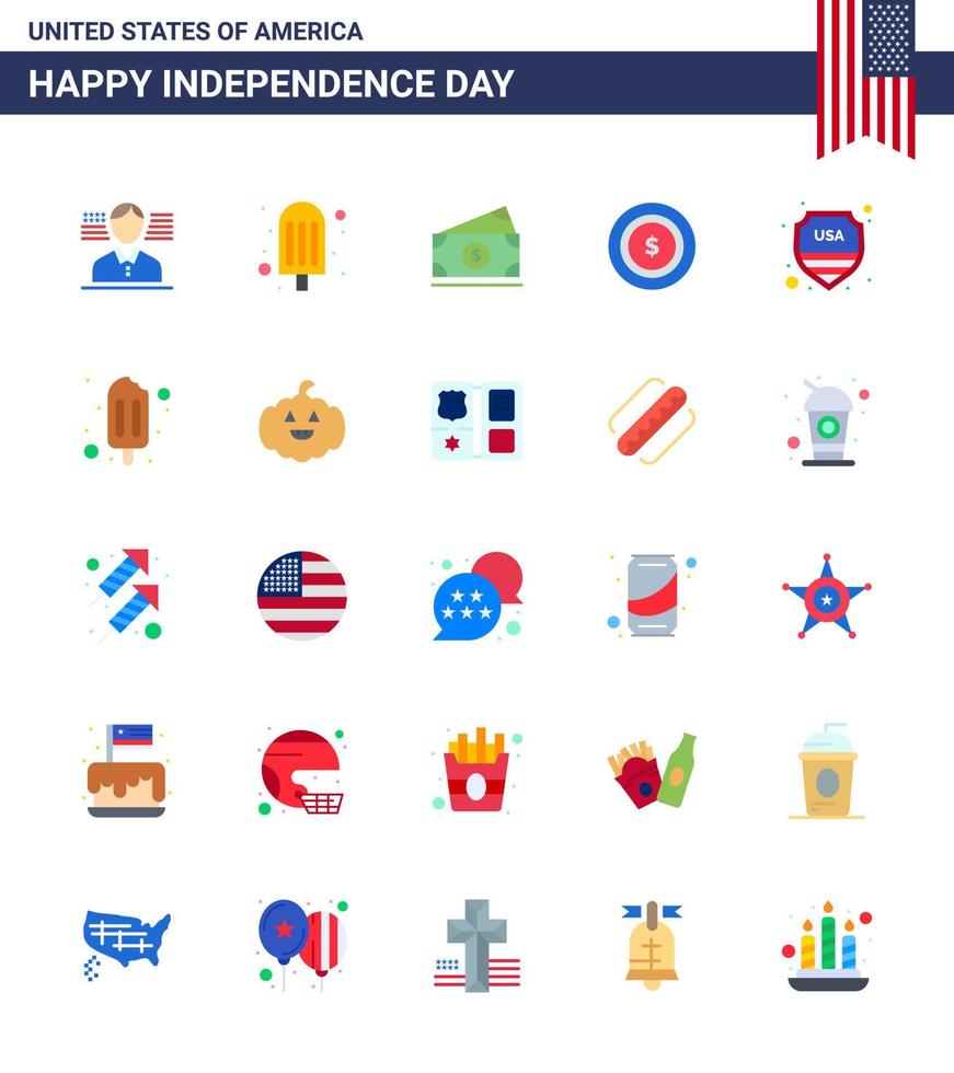 Pack of 25 USA Independence Day Celebration Flats Signs and 4th July Symbols such as ice cream sign amearican shield maony Editable USA Day Vector Design Elements