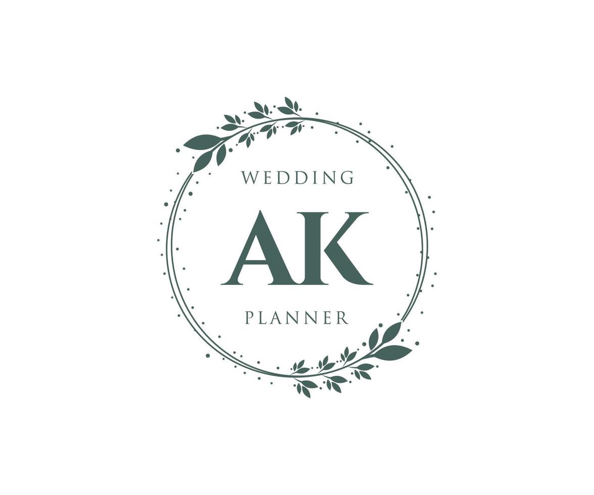 colección de logotipos de monograma de boda con letras iniciales ak, plantillas florales y minimalistas modernas dibujadas a mano para tarjetas de invitación, guardar la fecha, identidad elegante para restaurante, boutique, café en vector