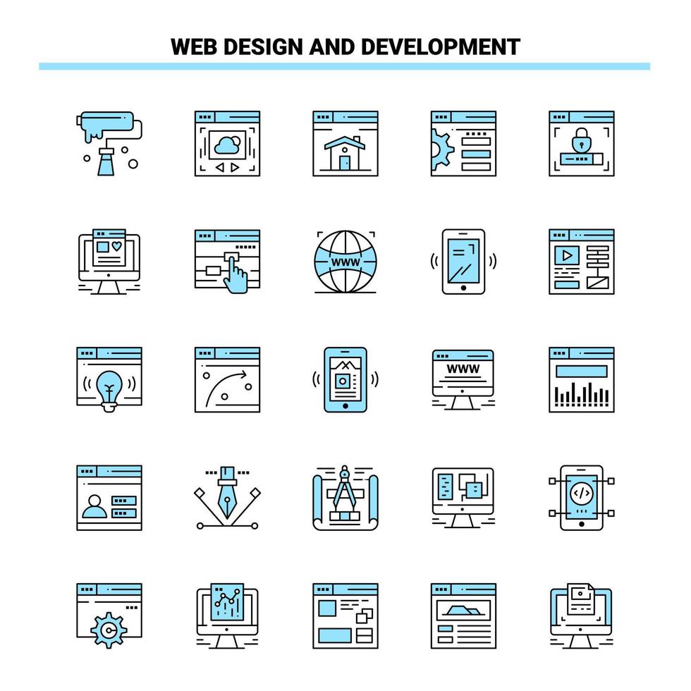 25 Web Design And Development Black and Blue icon Set Creative Icon Design and logo template Creative Black Icon vector background