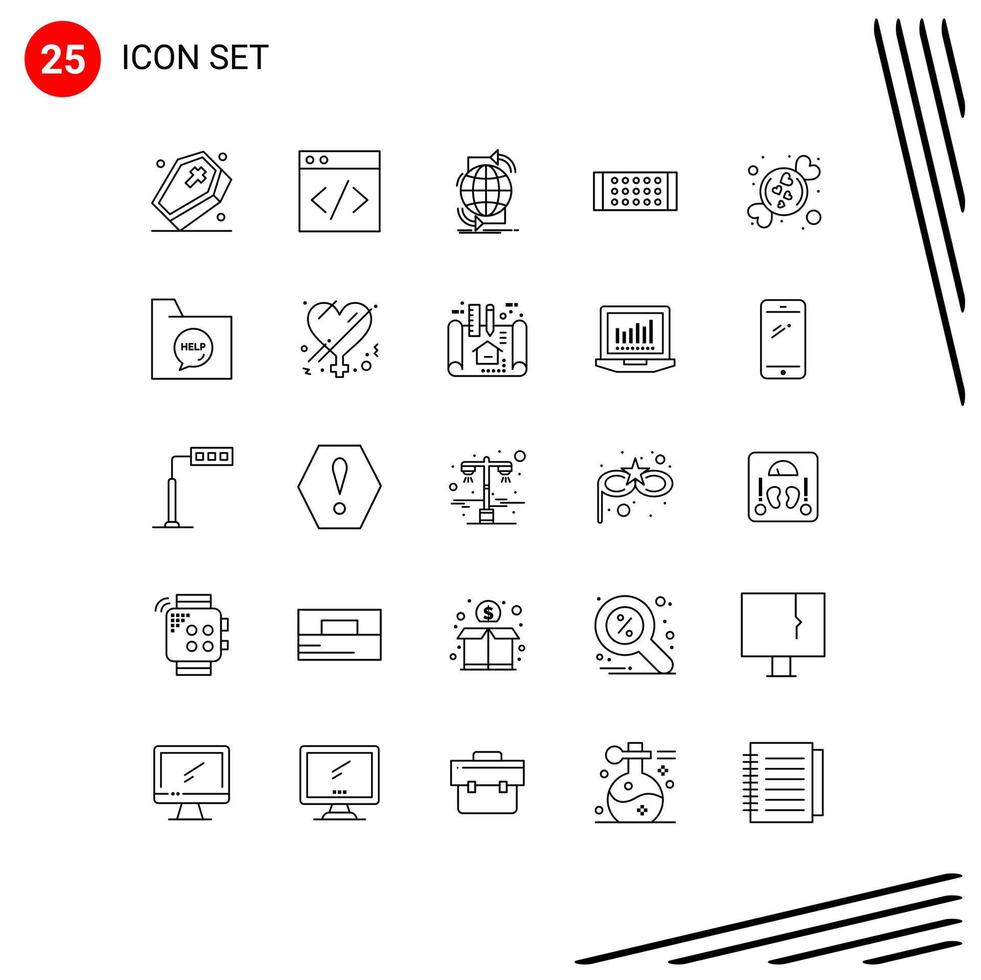 Mobile Interface Line Set of 25 Pictograms of romantic candy global strip lamp Editable Vector Design Elements