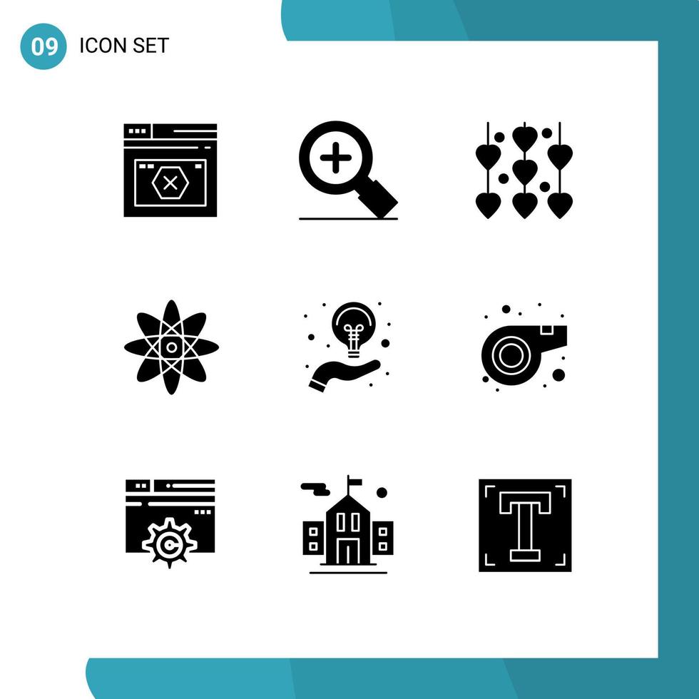 Mobile Interface Solid Glyph Set of 9 Pictograms of hand bulb decoration science atom Editable Vector Design Elements