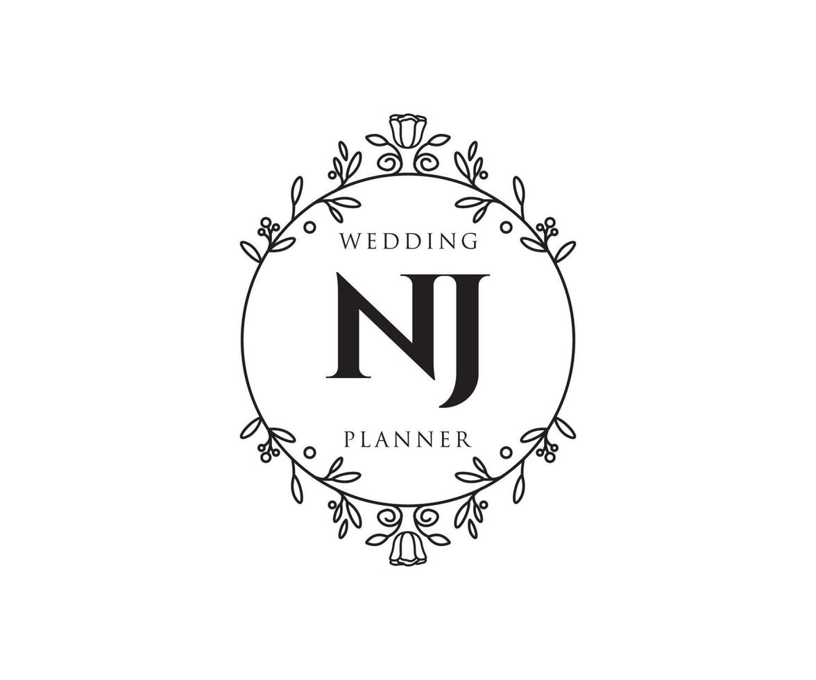 NJ Initials letter Wedding monogram logos collection, hand drawn modern minimalistic and floral templates for Invitation cards, Save the Date, elegant identity for restaurant, boutique, cafe in vector