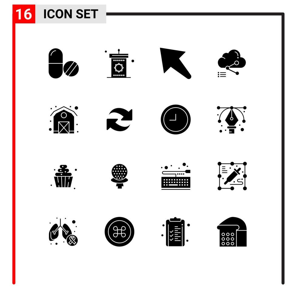 Pack of 16 Modern Solid Glyphs Signs and Symbols for Web Print Media such as agriculture computing eid data share Editable Vector Design Elements