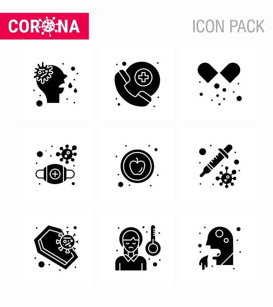 9 Solid Glyph Black Set of corona virus epidemic icons such as food virus medical pills safety mask viral coronavirus 2019nov disease Vector Design Elements