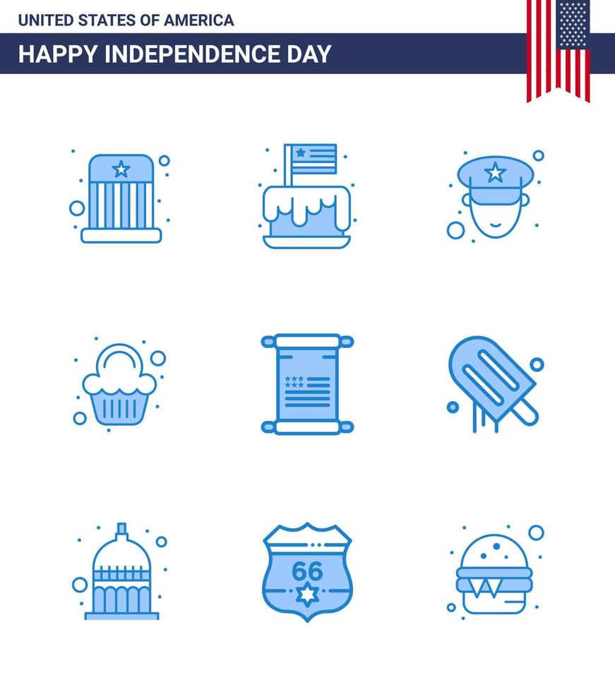 Happy Independence Day Pack of 9 Blues Signs and Symbols for text celebration usa sweet cake Editable USA Day Vector Design Elements