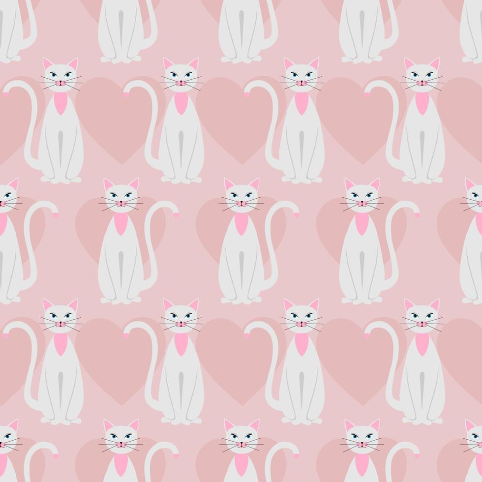 Vector seamless pattern with cats on a pink background with hearts