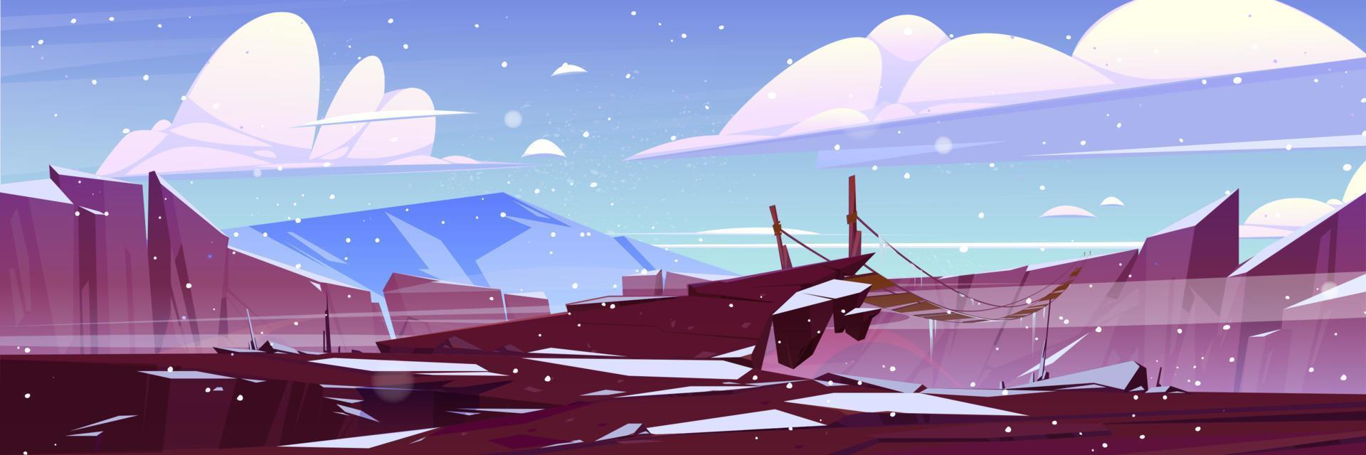 paisaje invernal con puente colgante de montaña vector