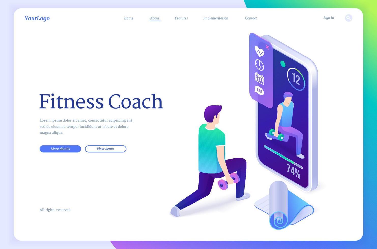 Fitness coach isometric landing page, training vector