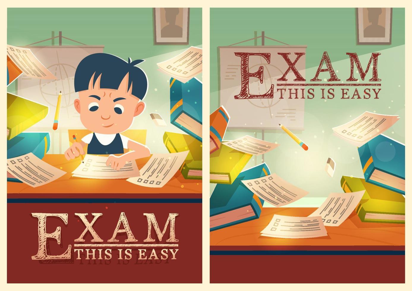 Boy solve test pass exam in school cartoon posters vector