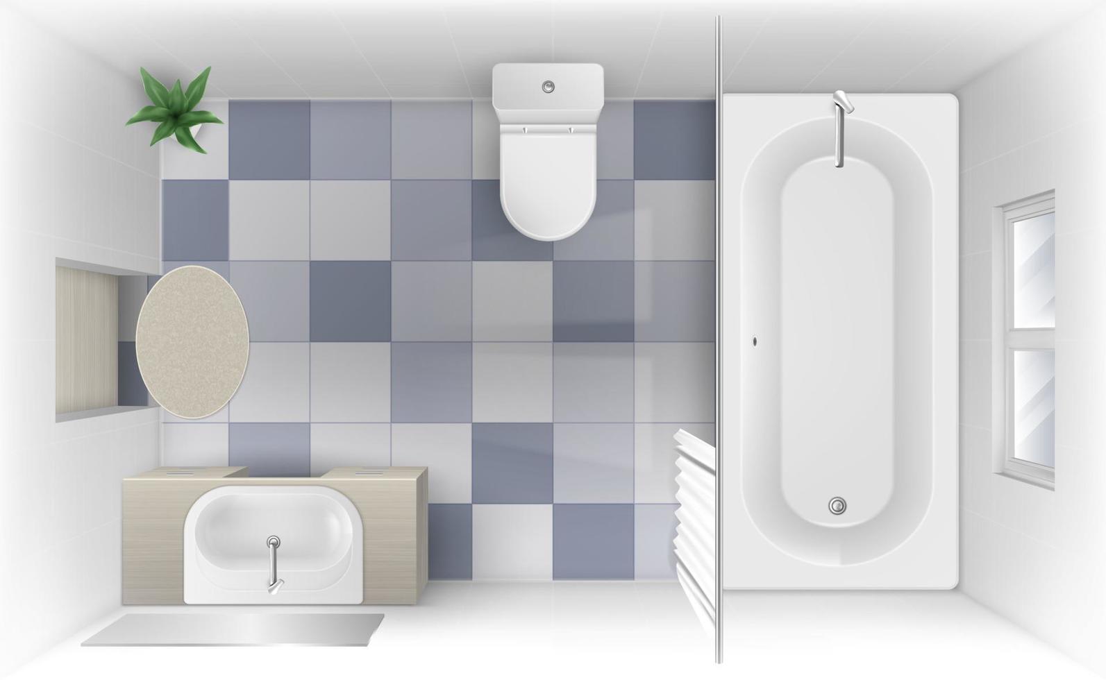 Bathroom with bath, sink and toilet bowl top view vector