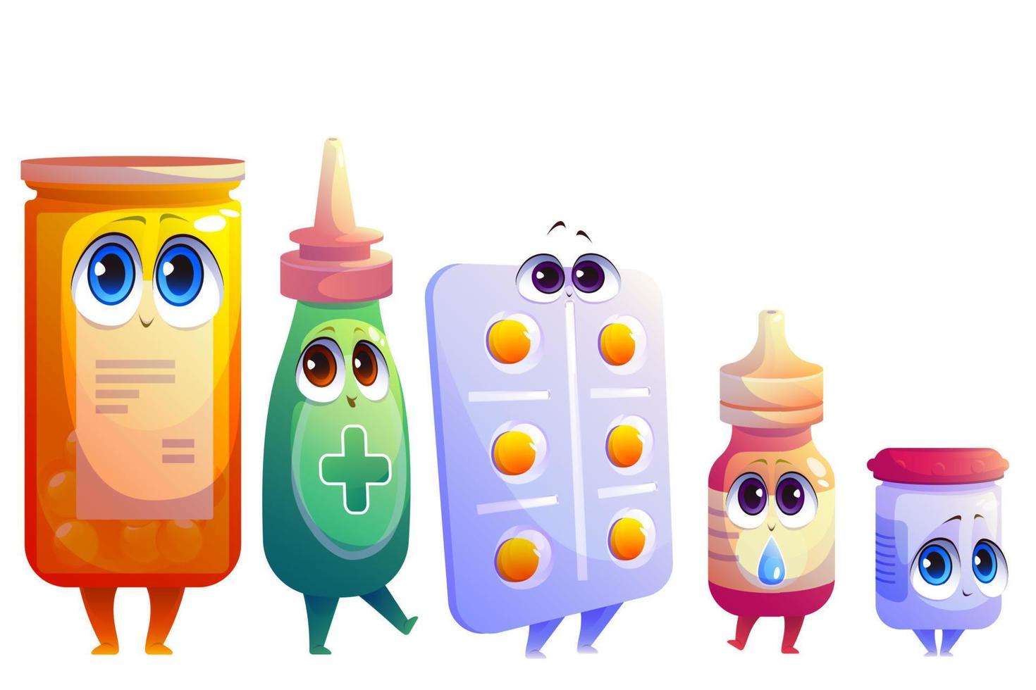 píldoras de dibujos animados, drogas, conjunto de personajes lindos de medicina vector