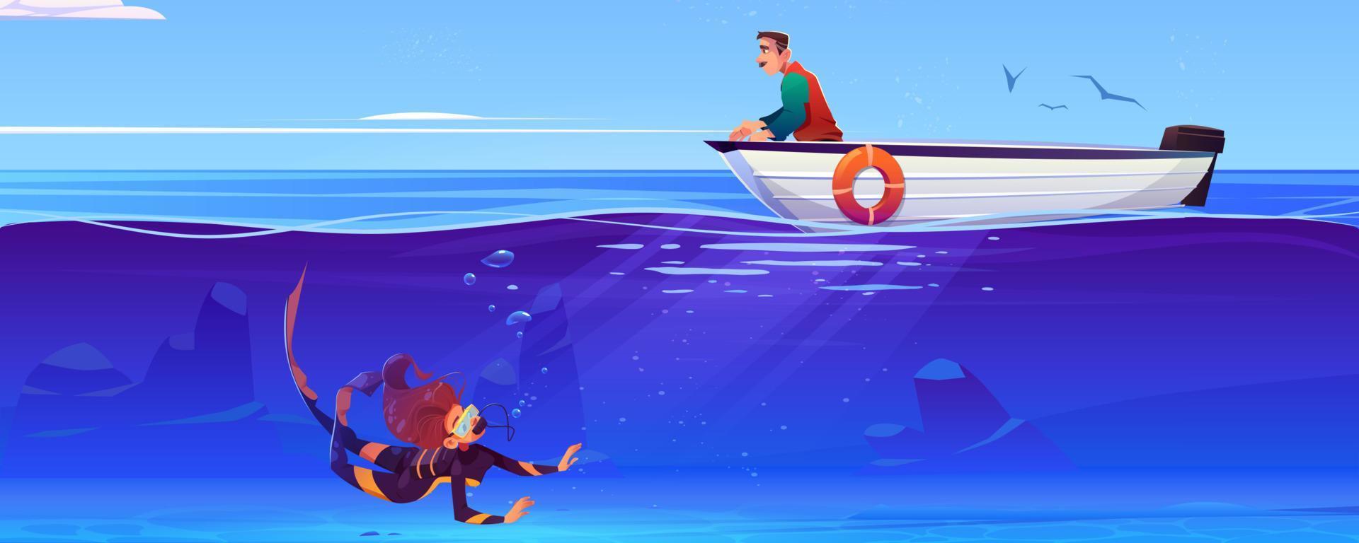 Sea landscape with scuba diver and man in boat vector