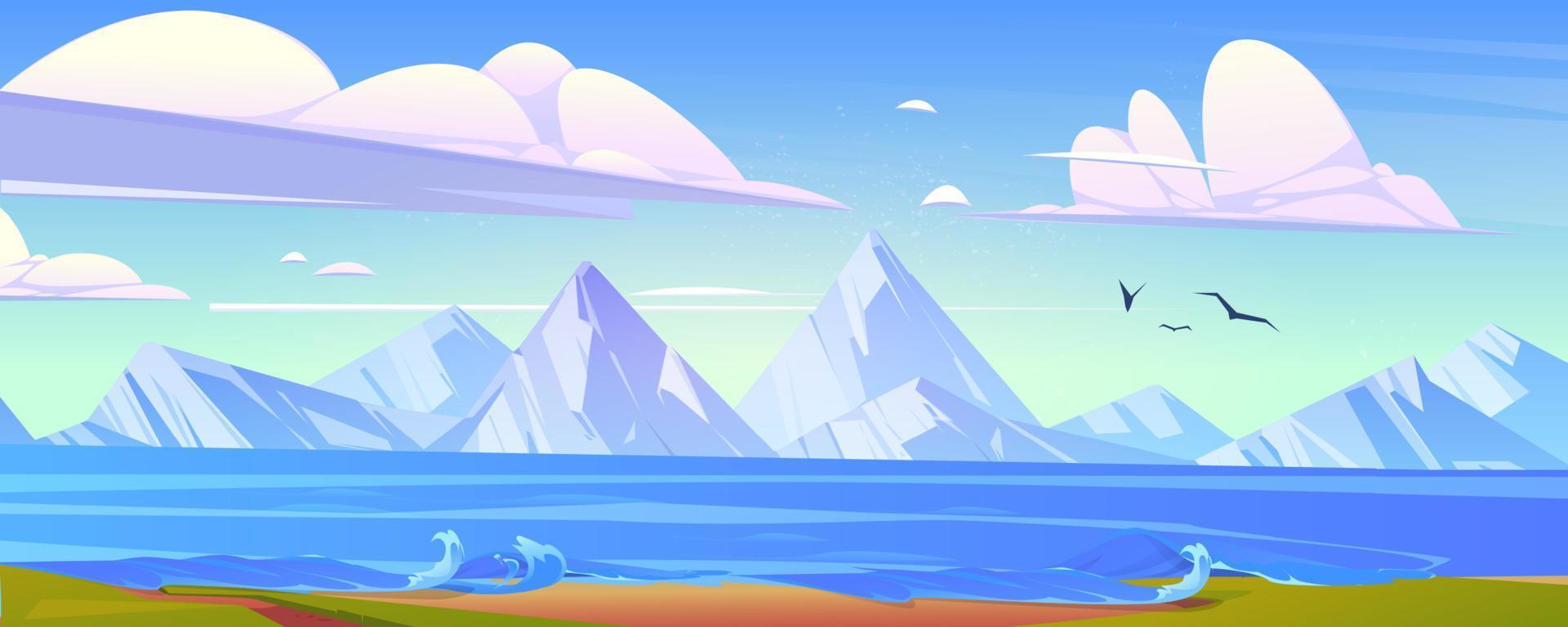 River or lake shore with green grass and mountains vector